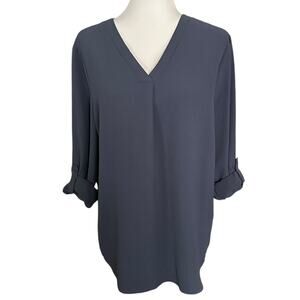Coral Bay Women's Top Tunic V-Neck 3/4 Roll Tab Sleeve Long Sleeve Blue Size L